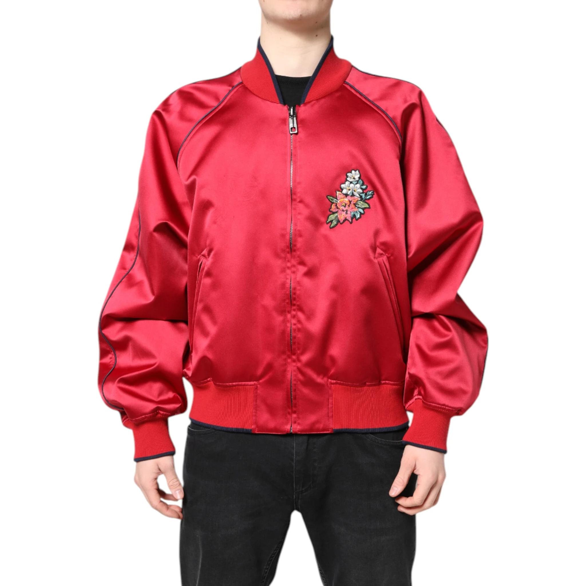 Red Floral Patch Full Zip Men Bomber Jacket