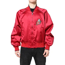 Red Floral Patch Full Zip Men Bomber Jacket