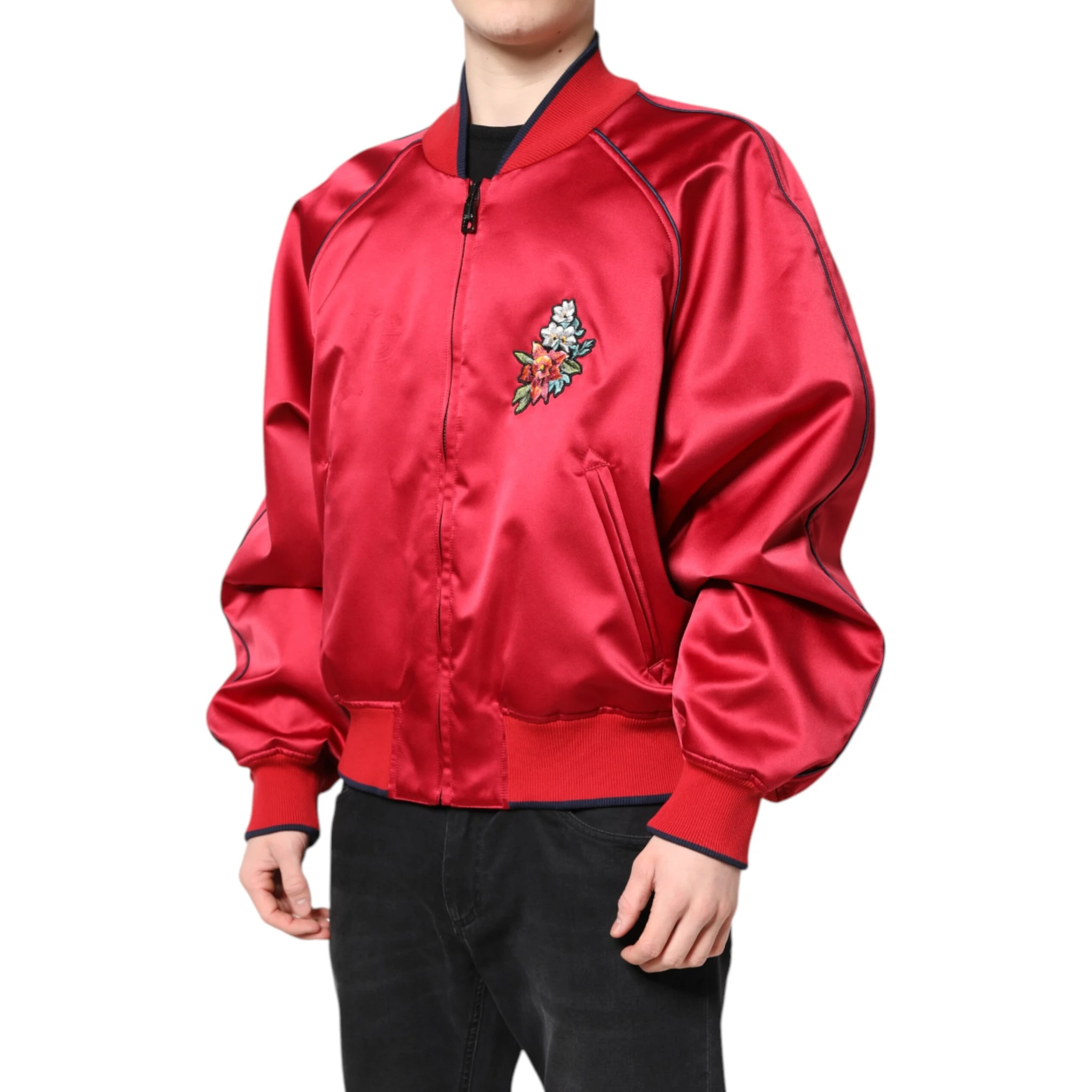 Red Floral Patch Full Zip Men Bomber Jacket