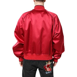 Red Floral Patch Full Zip Men Bomber Jacket
