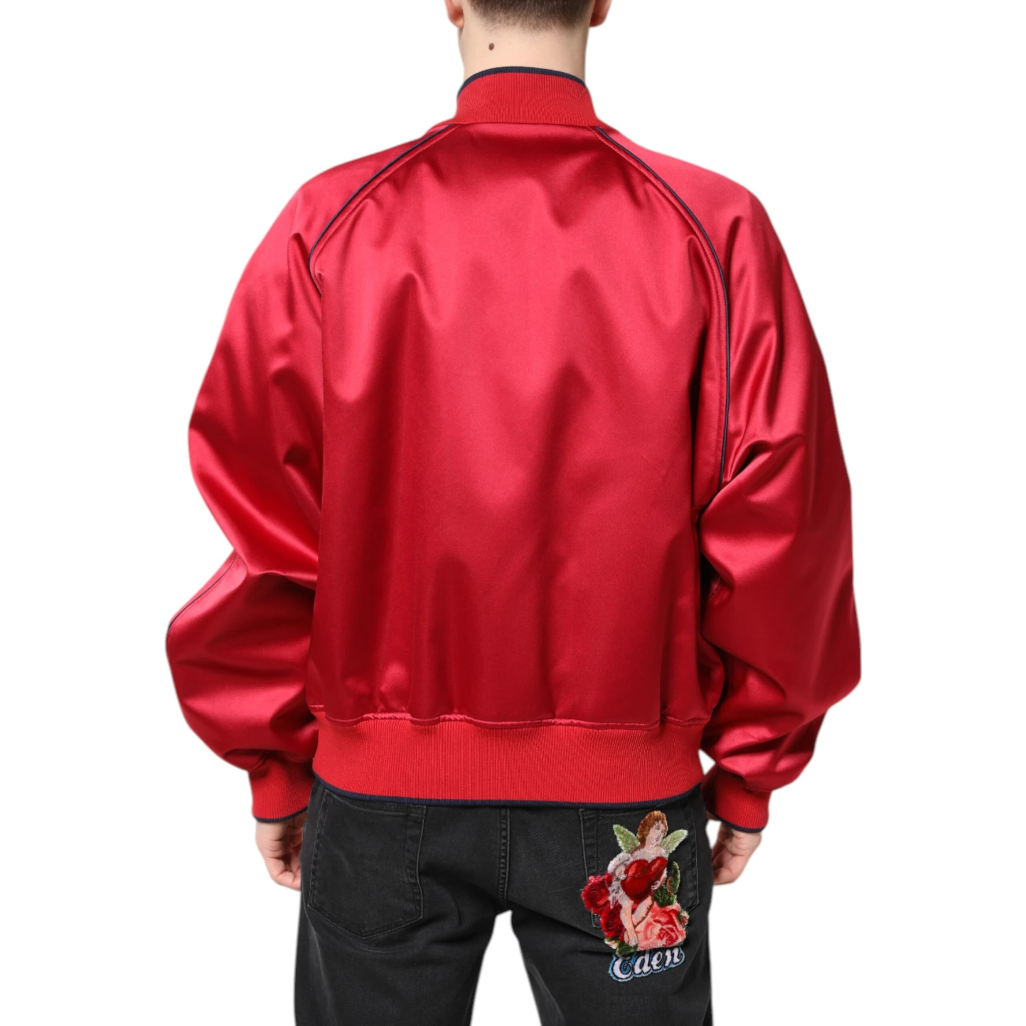 Red Floral Patch Full Zip Men Bomber Jacket