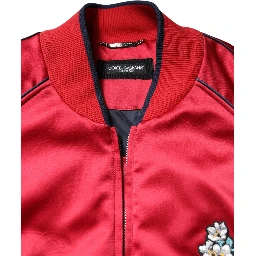 Red Floral Patch Full Zip Men Bomber Jacket