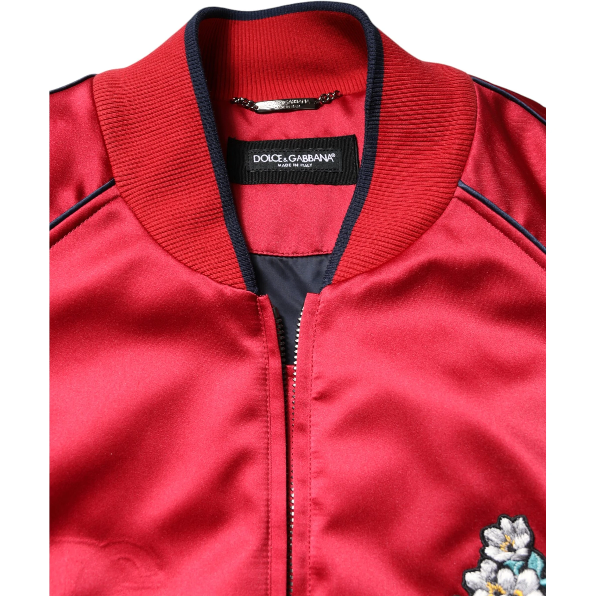 Red Floral Patch Full Zip Men Bomber Jacket