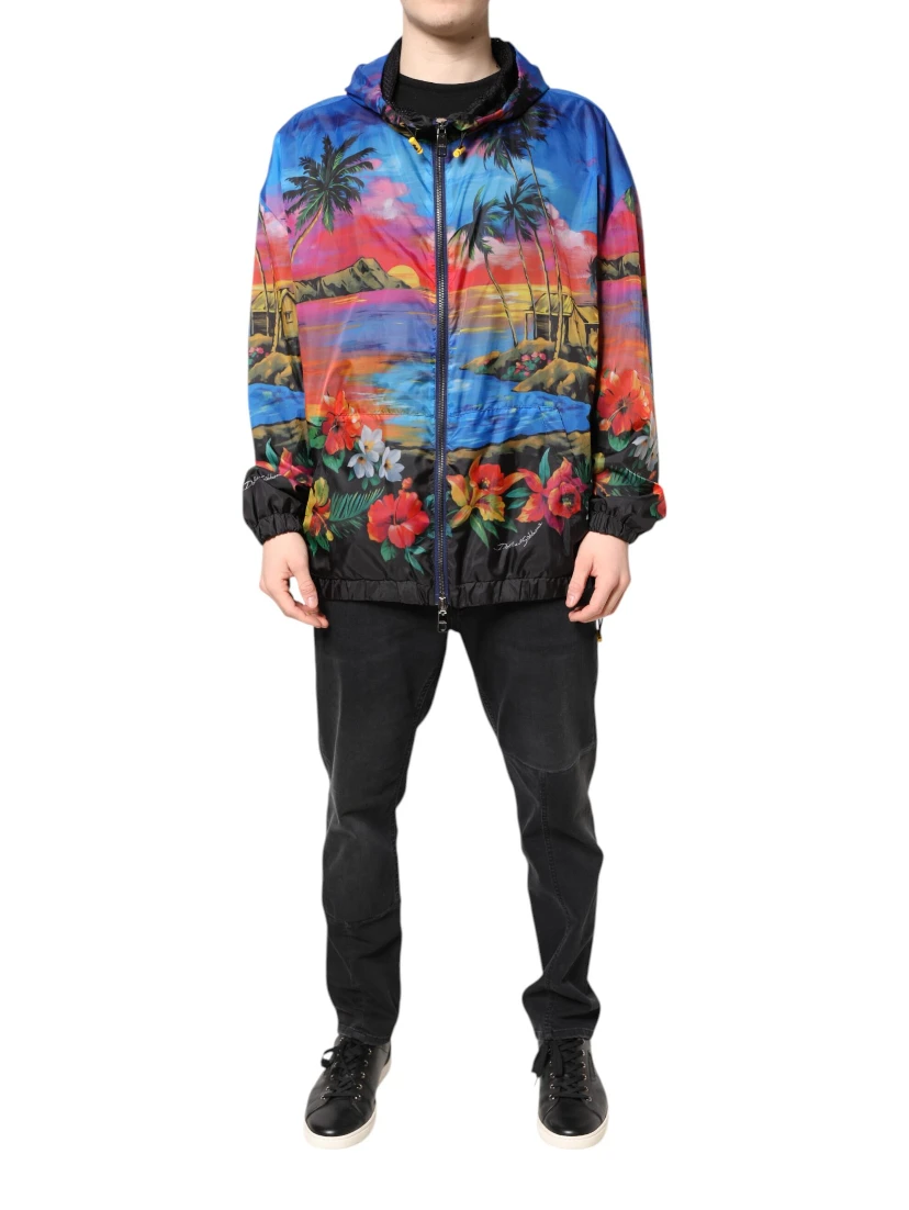 Multicolor Print Hooded Windbreaker Jacket