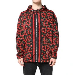 Black Cherry Print Hooded Windbreaker Jacket