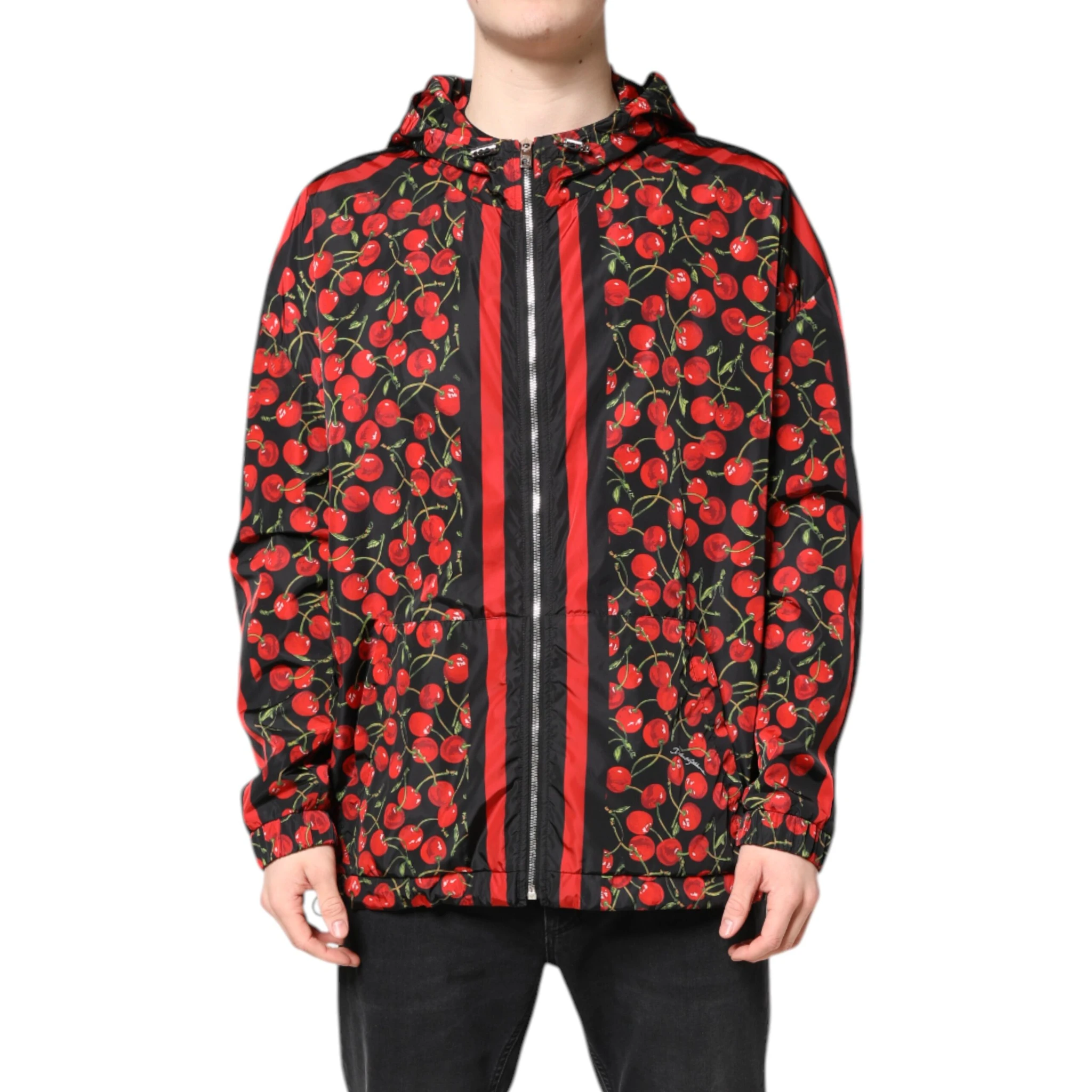 Black Cherry Print Hooded Windbreaker Jacket