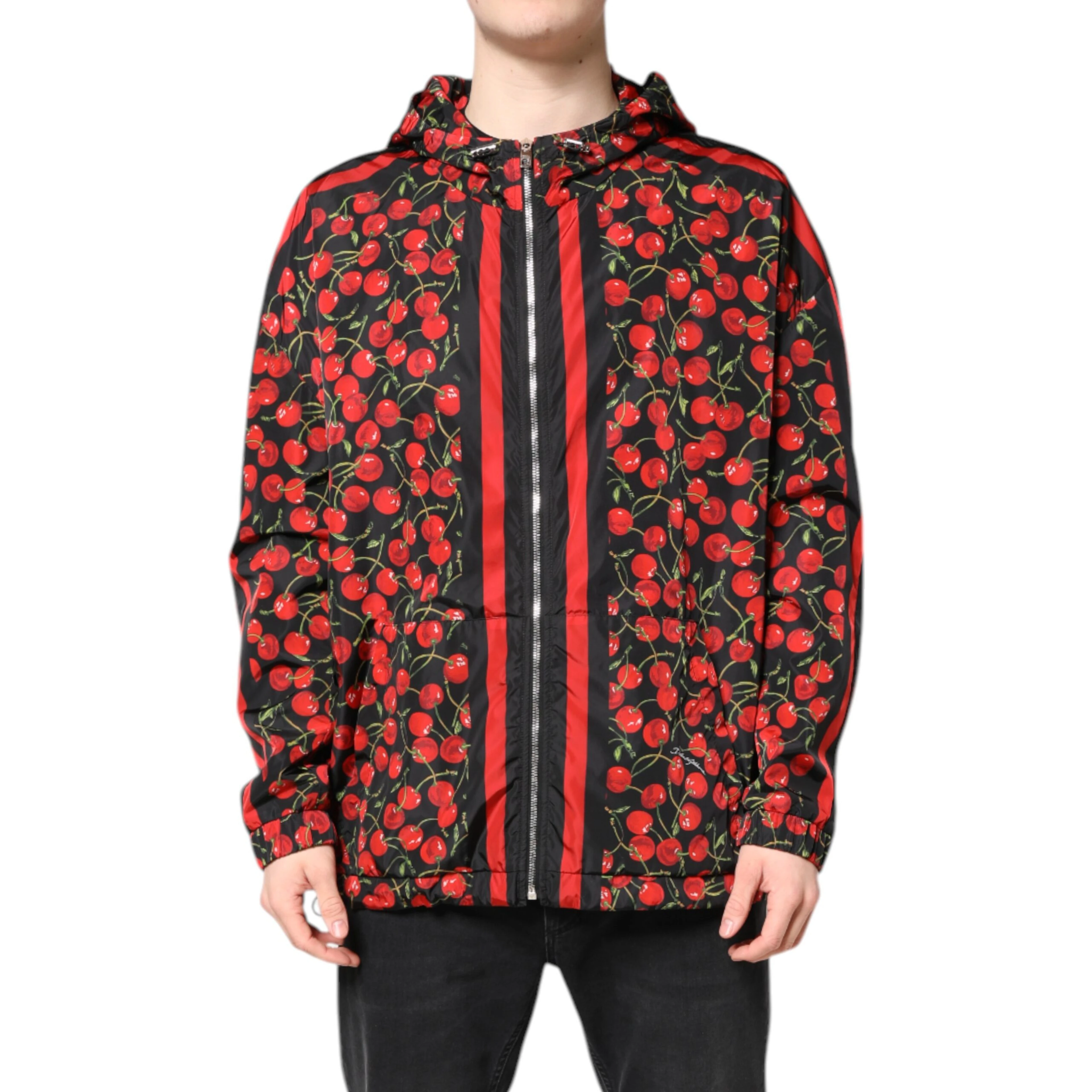 Black Cherry Print Hooded Windbreaker Jacket