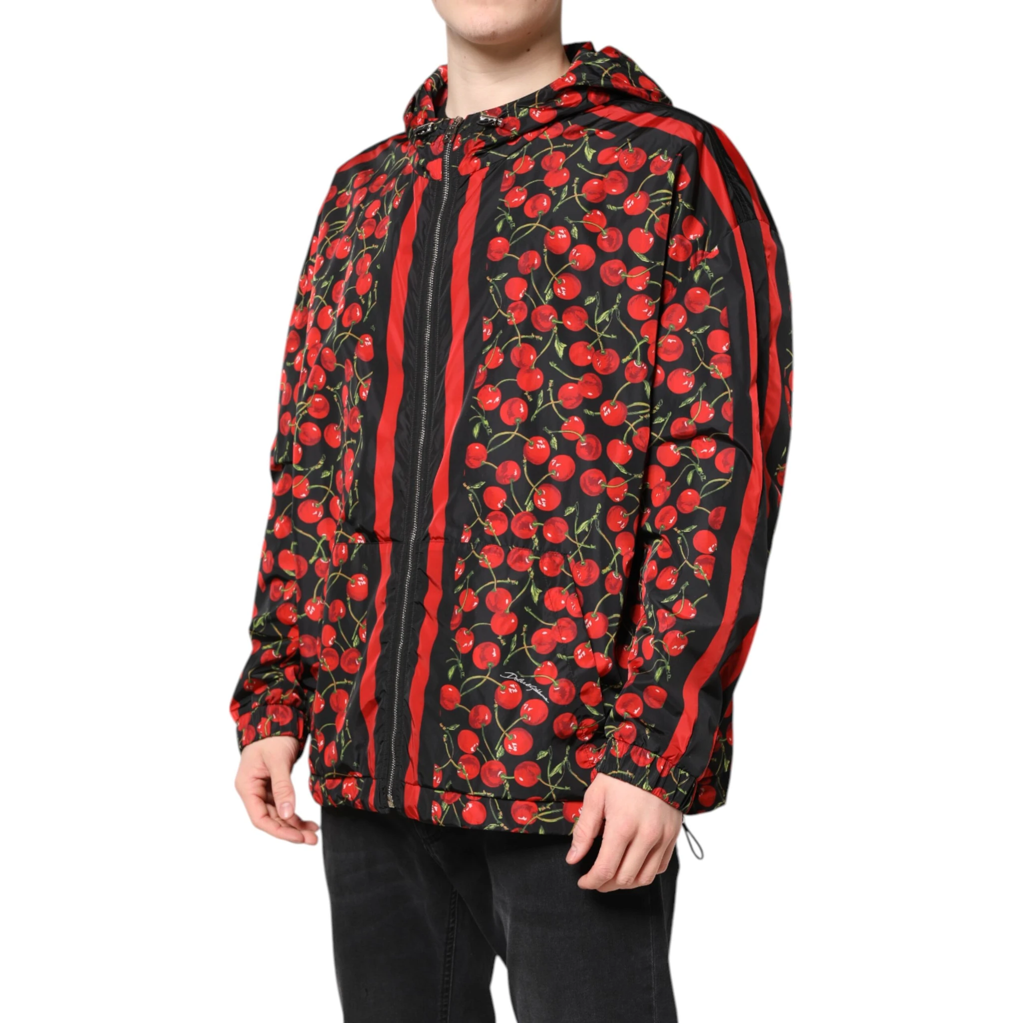 Black Cherry Print Hooded Windbreaker Jacket