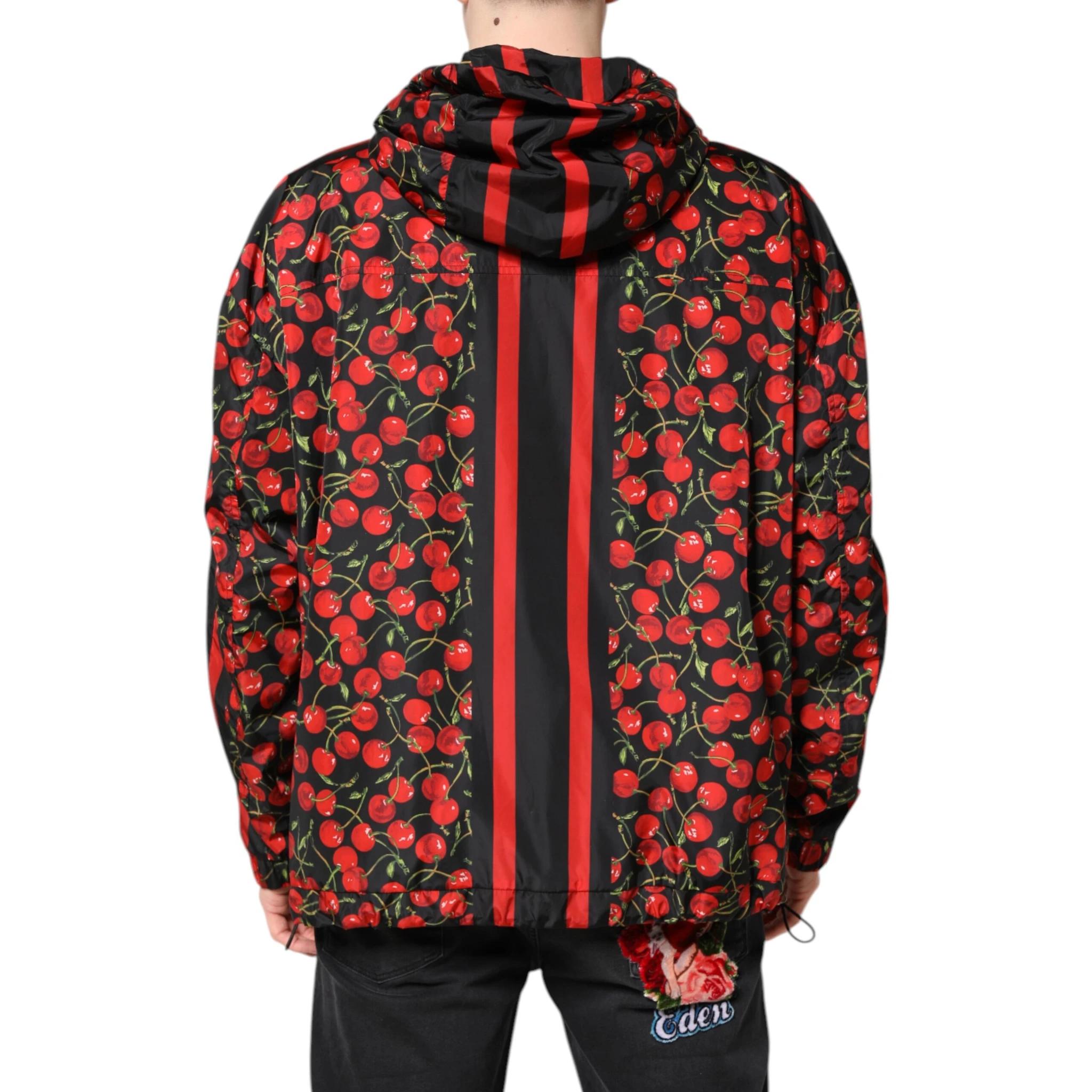 Black Cherry Print Hooded Windbreaker Jacket