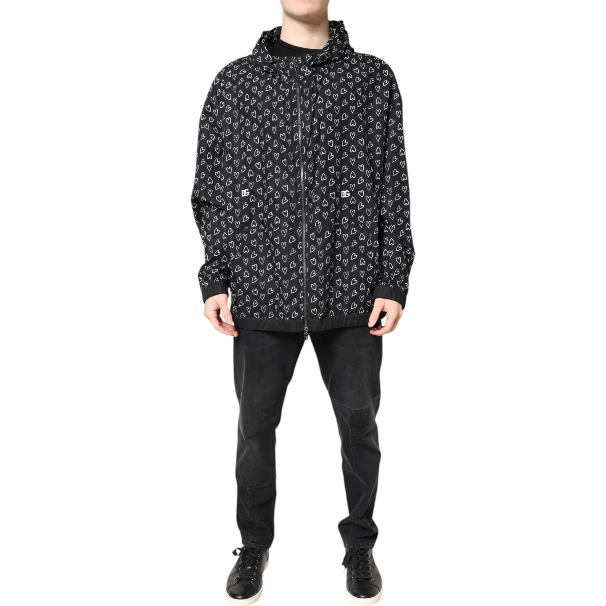 Black Heart Print Hooded Windbreaker Jacket