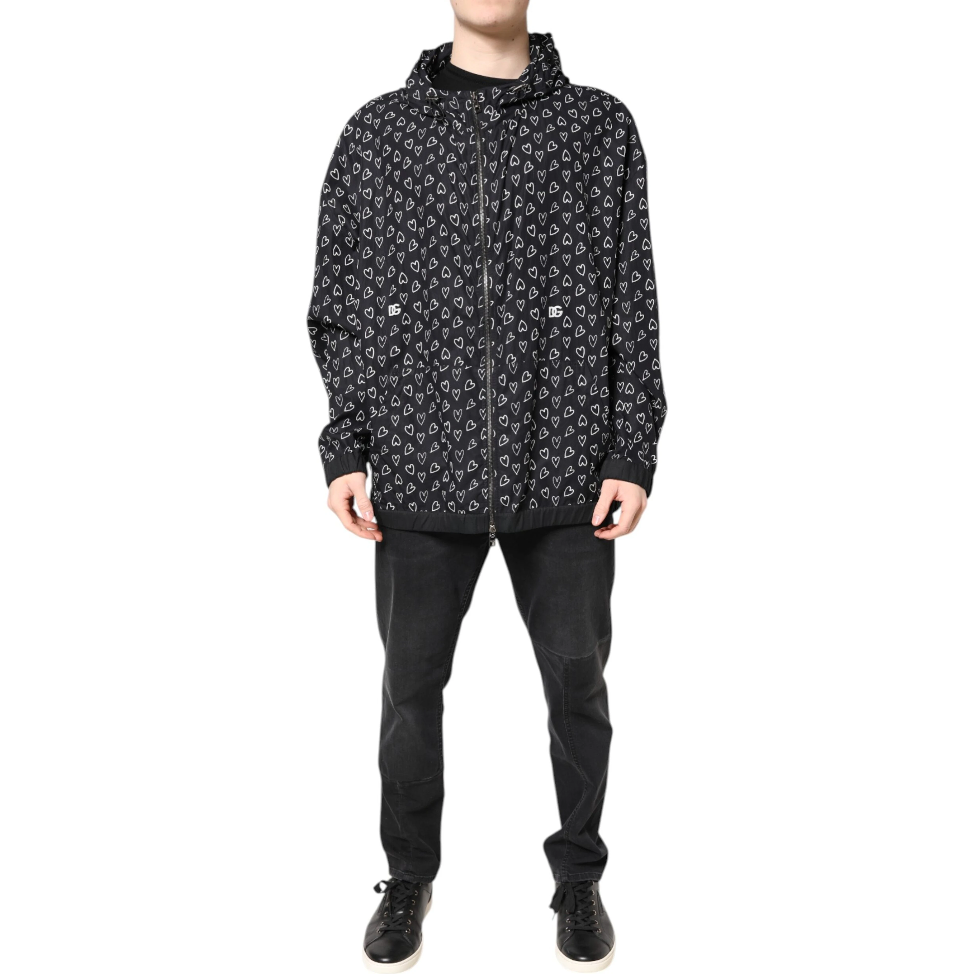 Black Heart Print Hooded Windbreaker Jacket