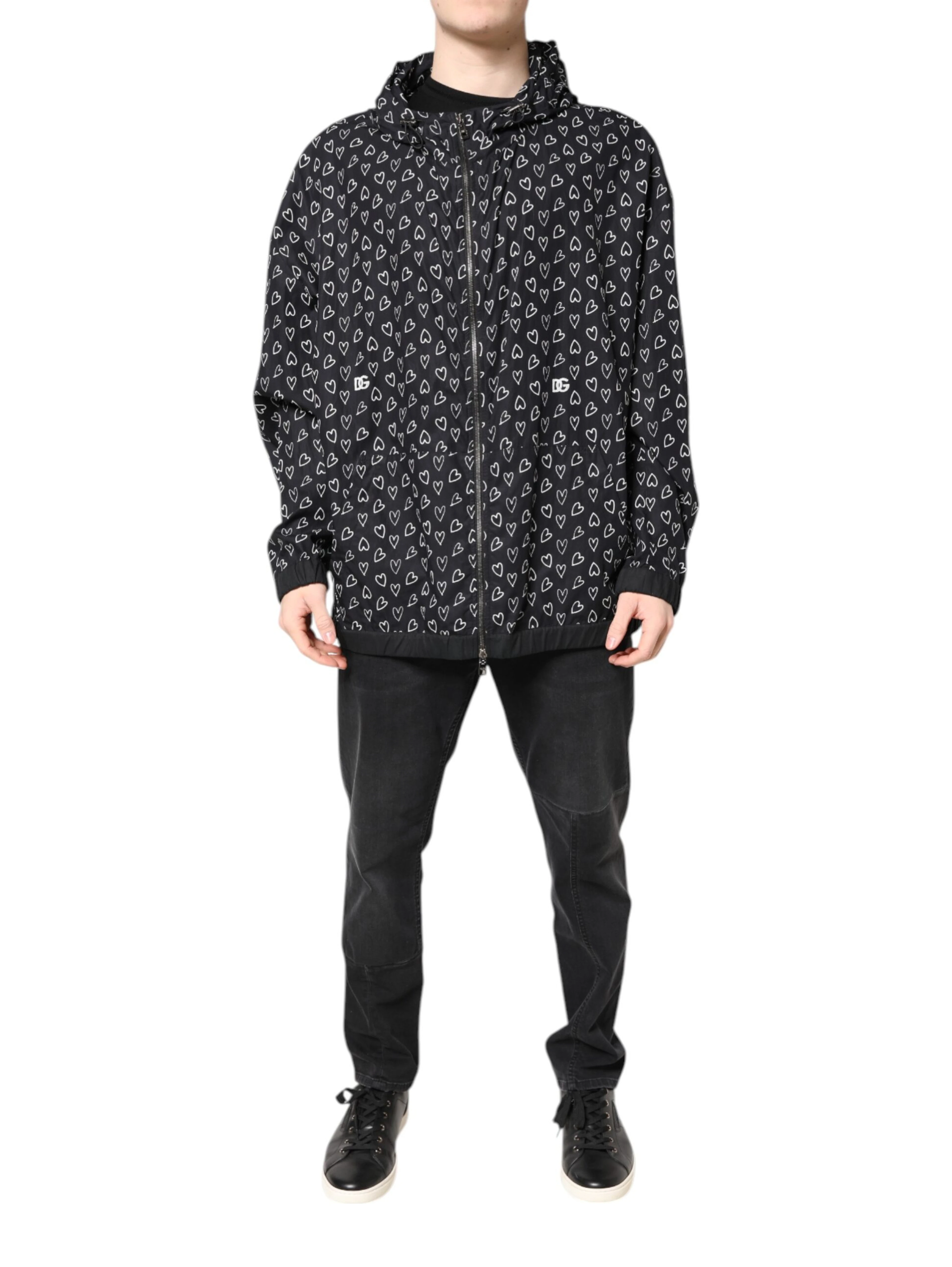 Black Heart Print Hooded Windbreaker Jacket