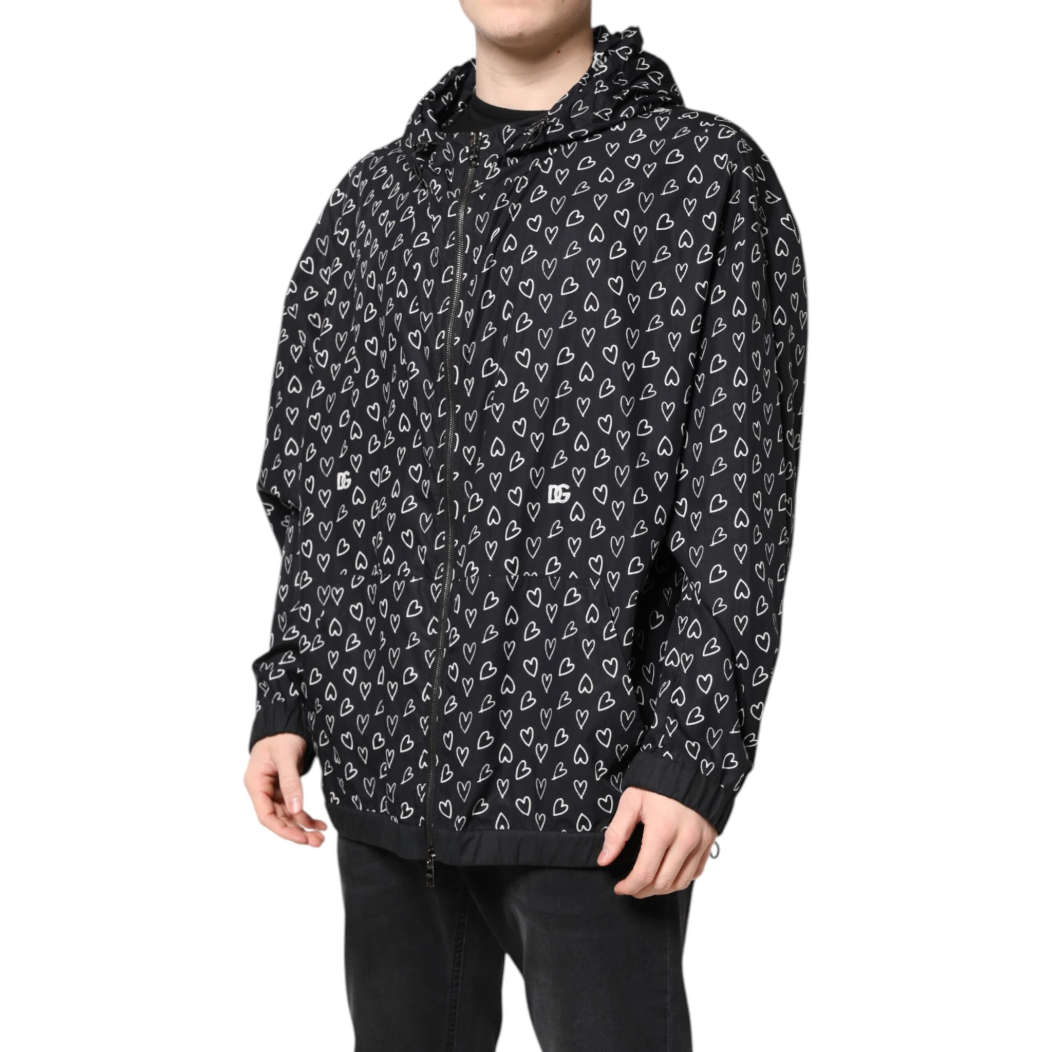 Black Heart Print Hooded Windbreaker Jacket