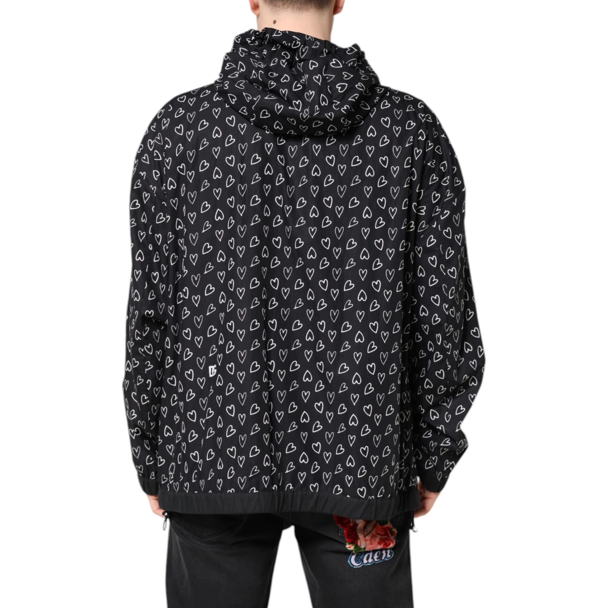 Black Heart Print Hooded Windbreaker Jacket