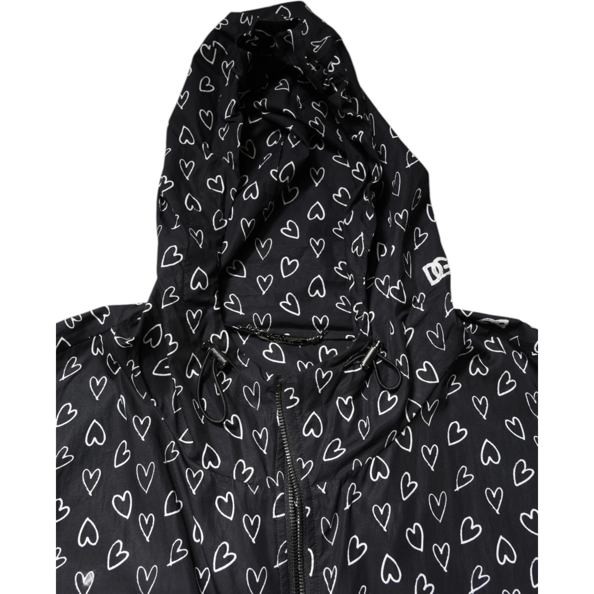 Black Heart Print Hooded Windbreaker Jacket