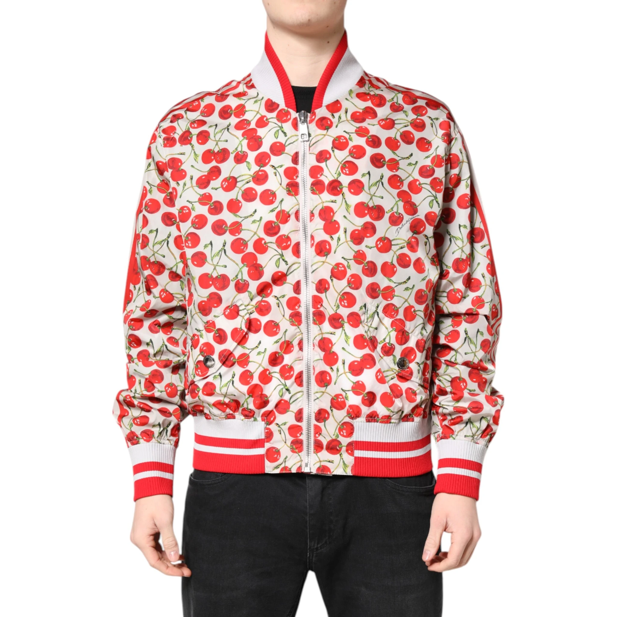 White Cherry Print Full Zip Bomber Jacket