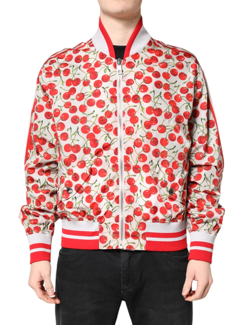 White Cherry Print Full Zip Bomber Jacket