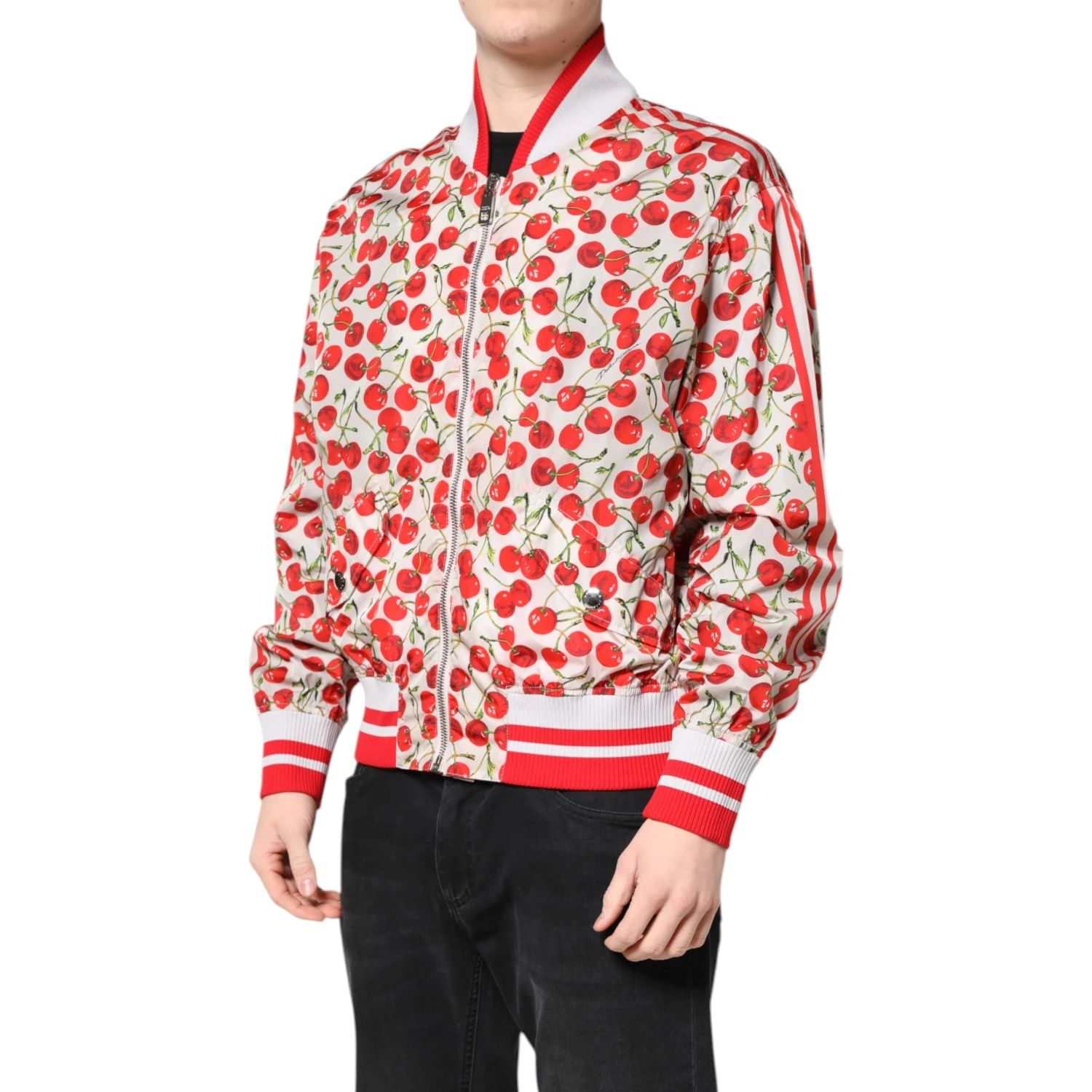 White Cherry Print Full Zip Bomber Jacket
