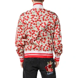 White Cherry Print Full Zip Bomber Jacket