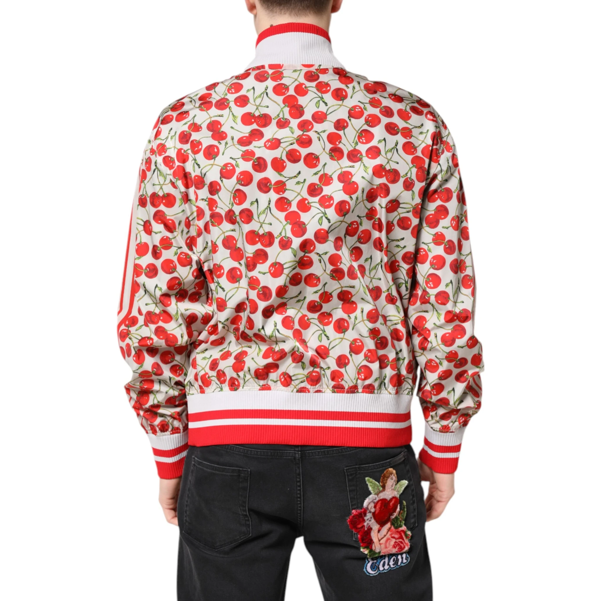 White Cherry Print Full Zip Bomber Jacket