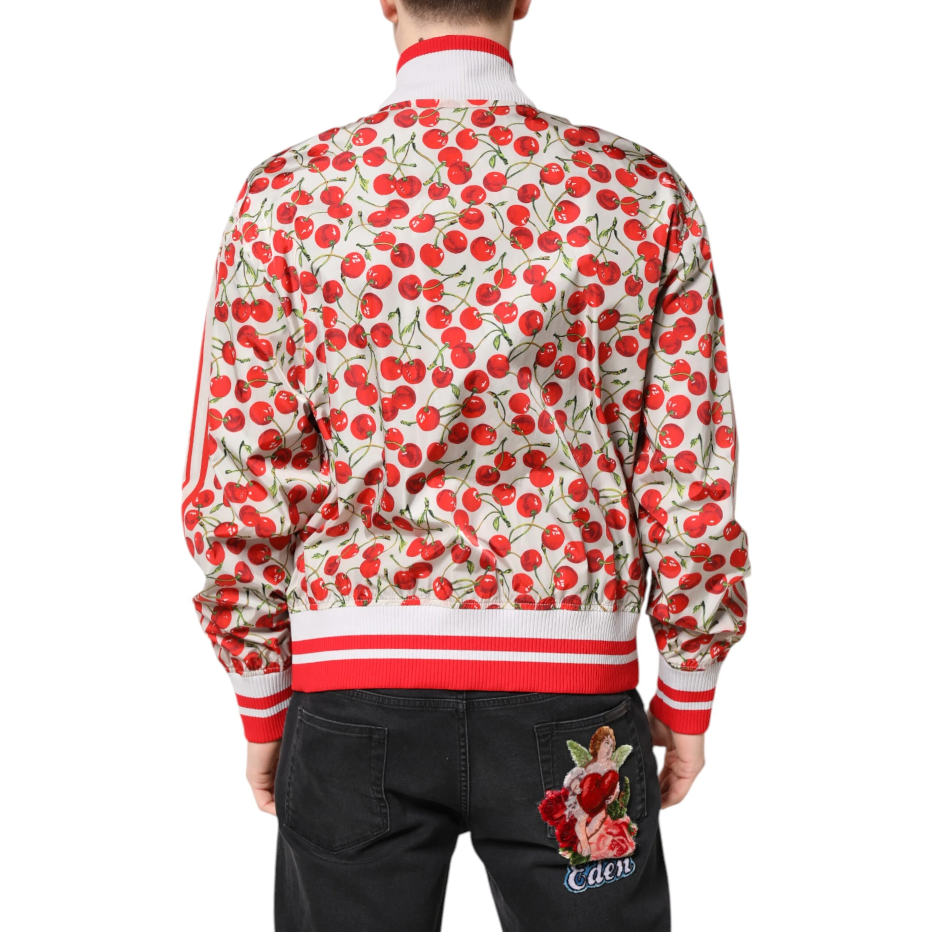 White Cherry Print Full Zip Bomber Jacket
