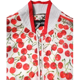 White Cherry Print Full Zip Bomber Jacket