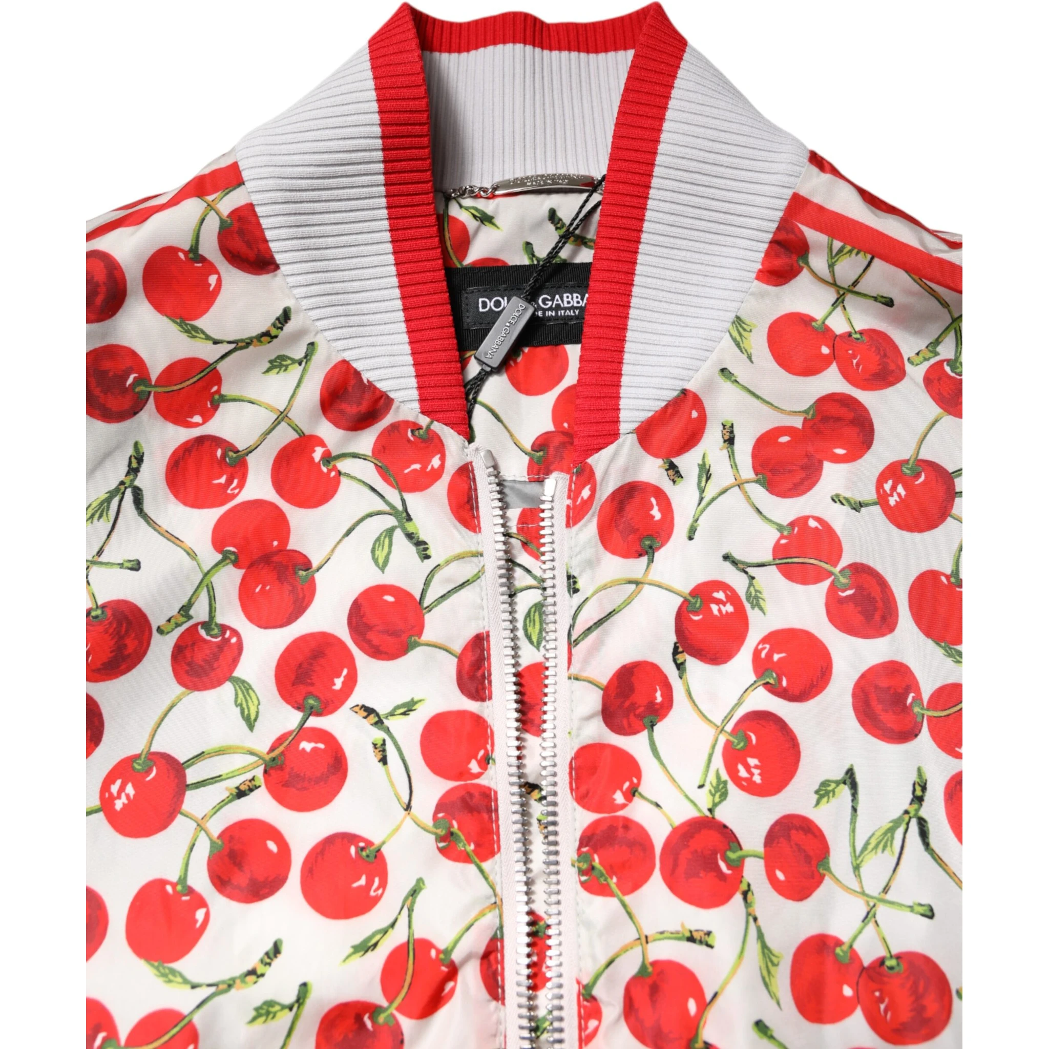 White Cherry Print Full Zip Bomber Jacket