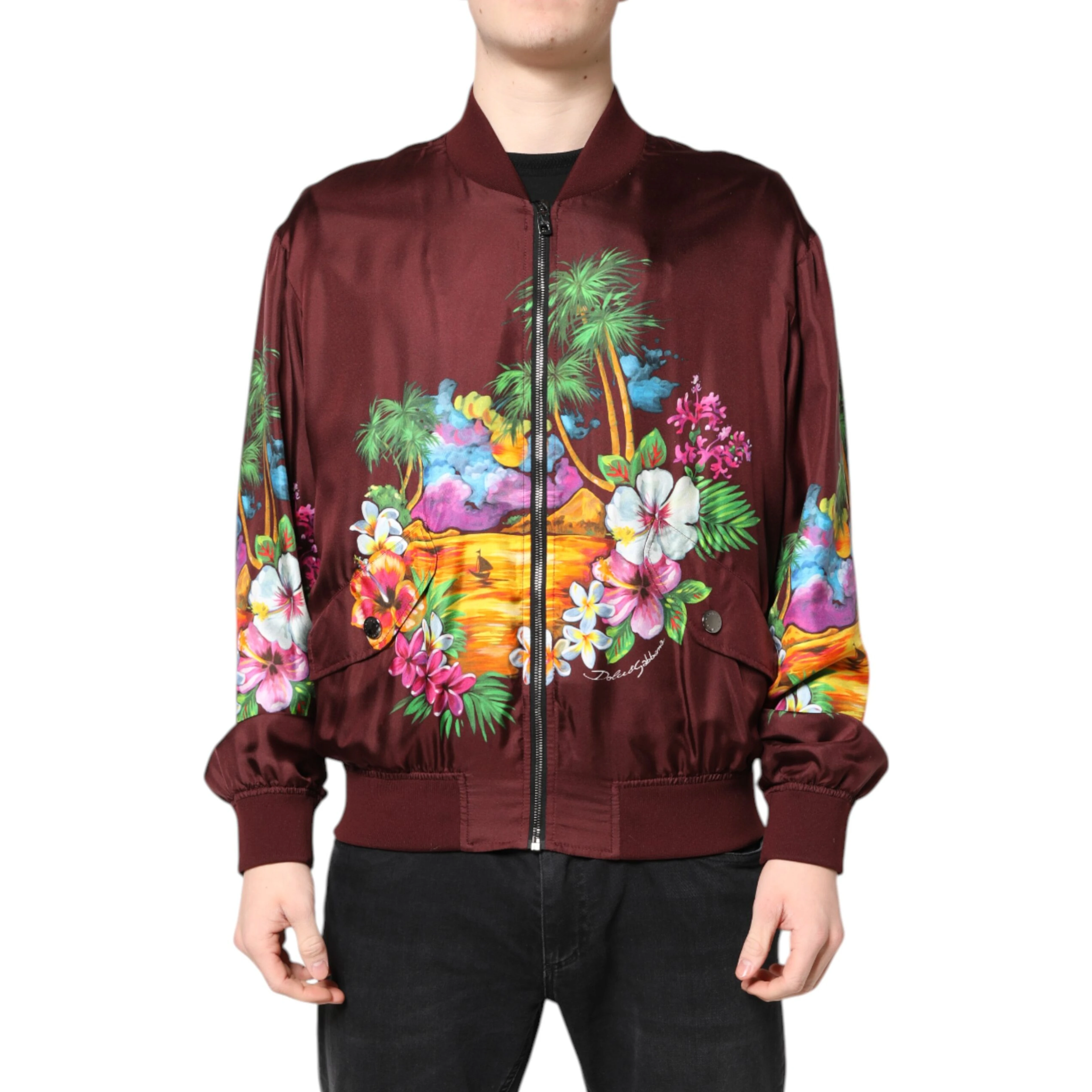Maroon Floral Print Full Zip Bomber Jacket