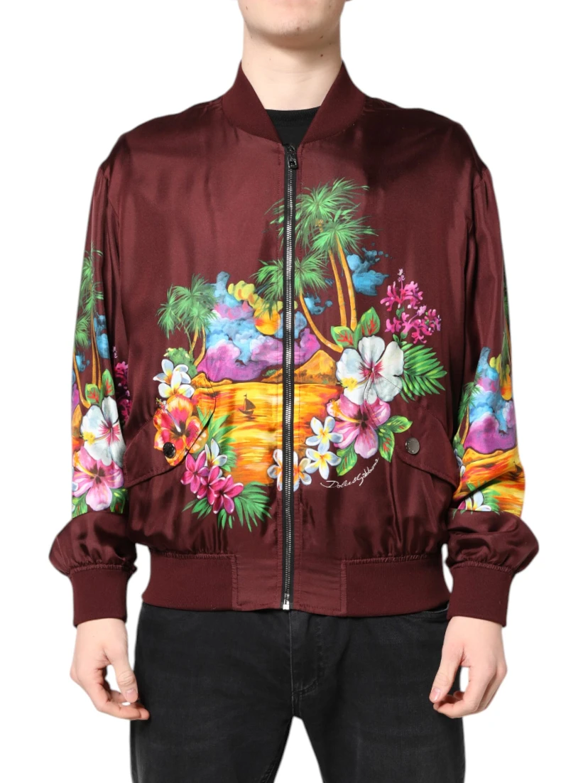 Maroon Floral Print Full Zip Bomber Jacket