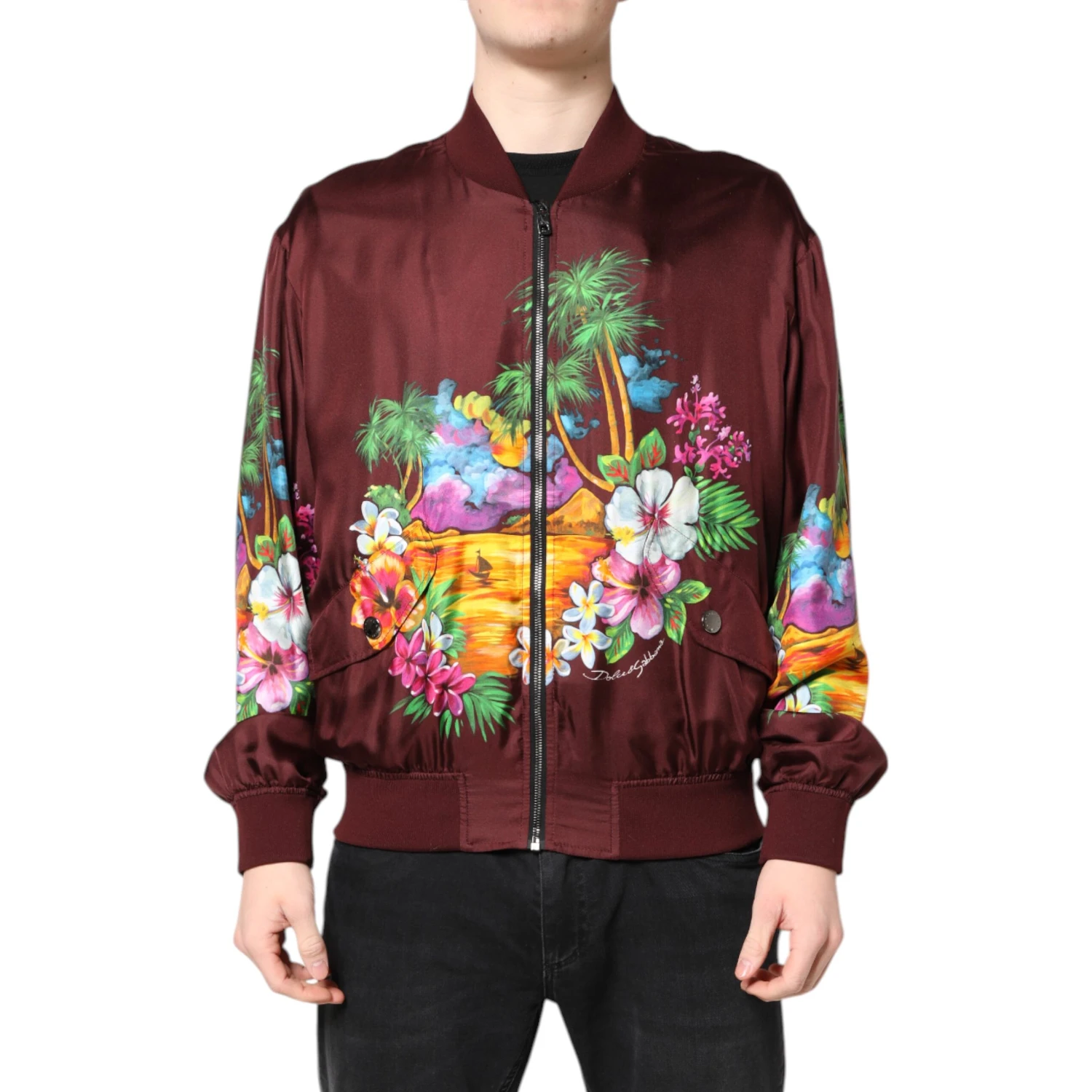 Maroon Floral Print Full Zip Bomber Jacket