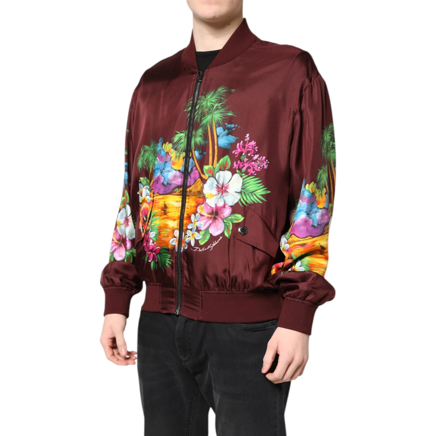 Maroon Floral Print Full Zip Bomber Jacket