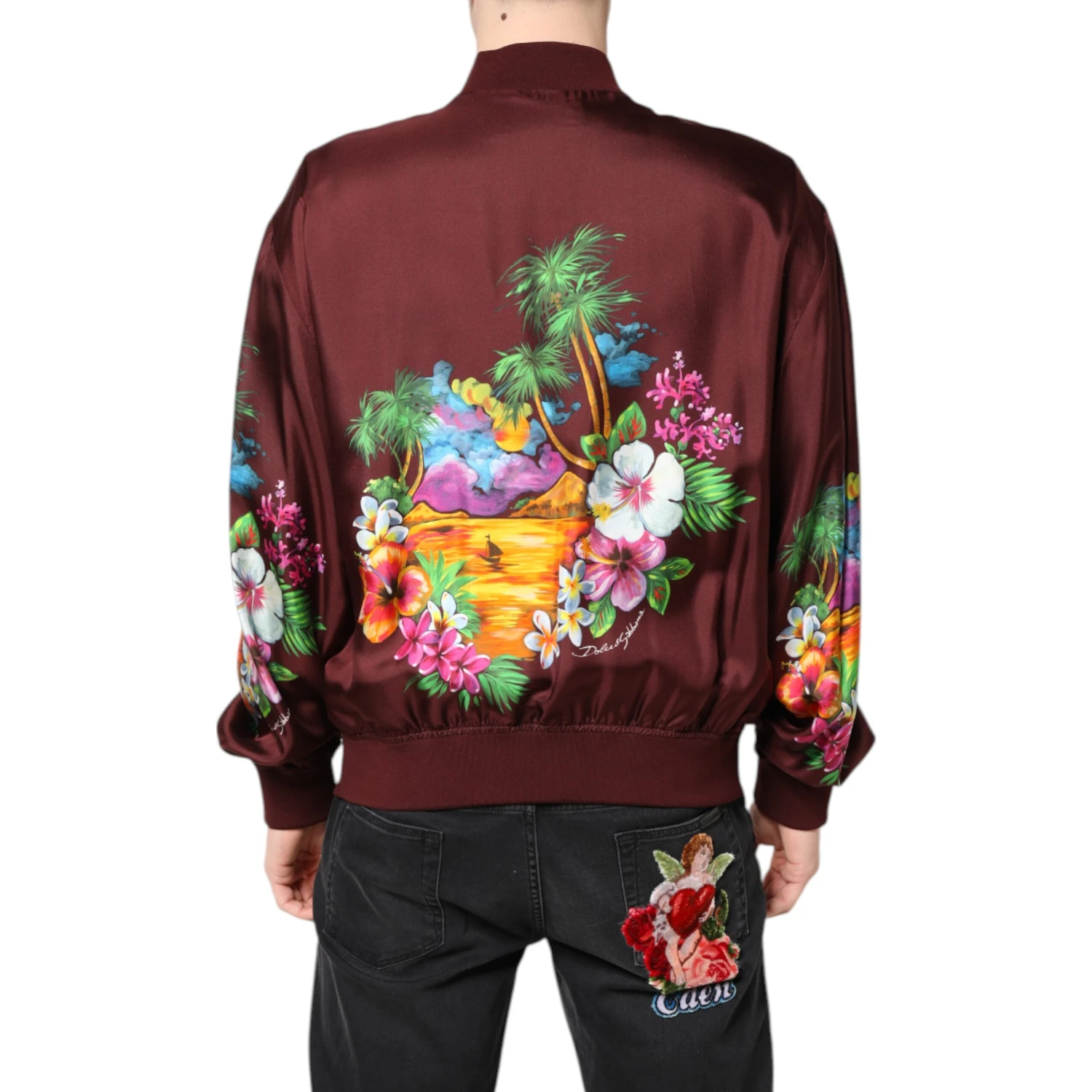 Maroon Floral Print Full Zip Bomber Jacket