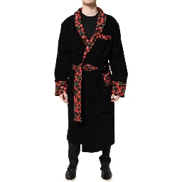 Black Cherry Print Wrap Robe Men Coat Jacket