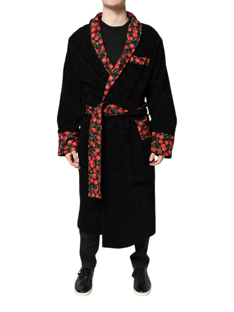 Black Cherry Print Wrap Robe Men Coat Jacket