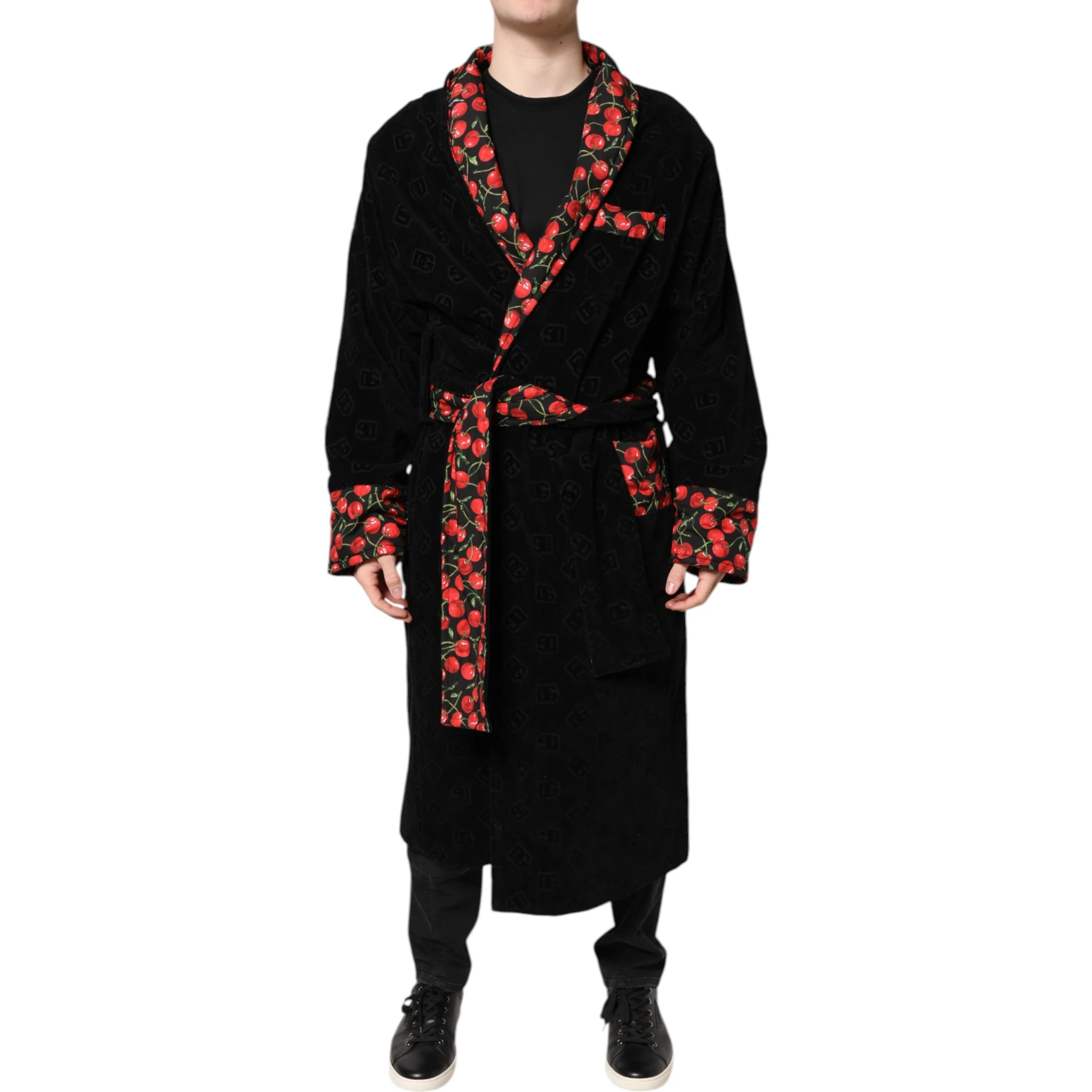 Black Cherry Print Wrap Robe Men Coat Jacket