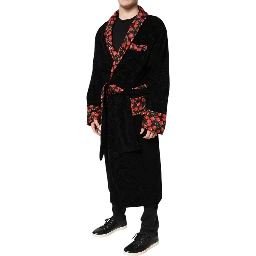 Black Cherry Print Wrap Robe Men Coat Jacket