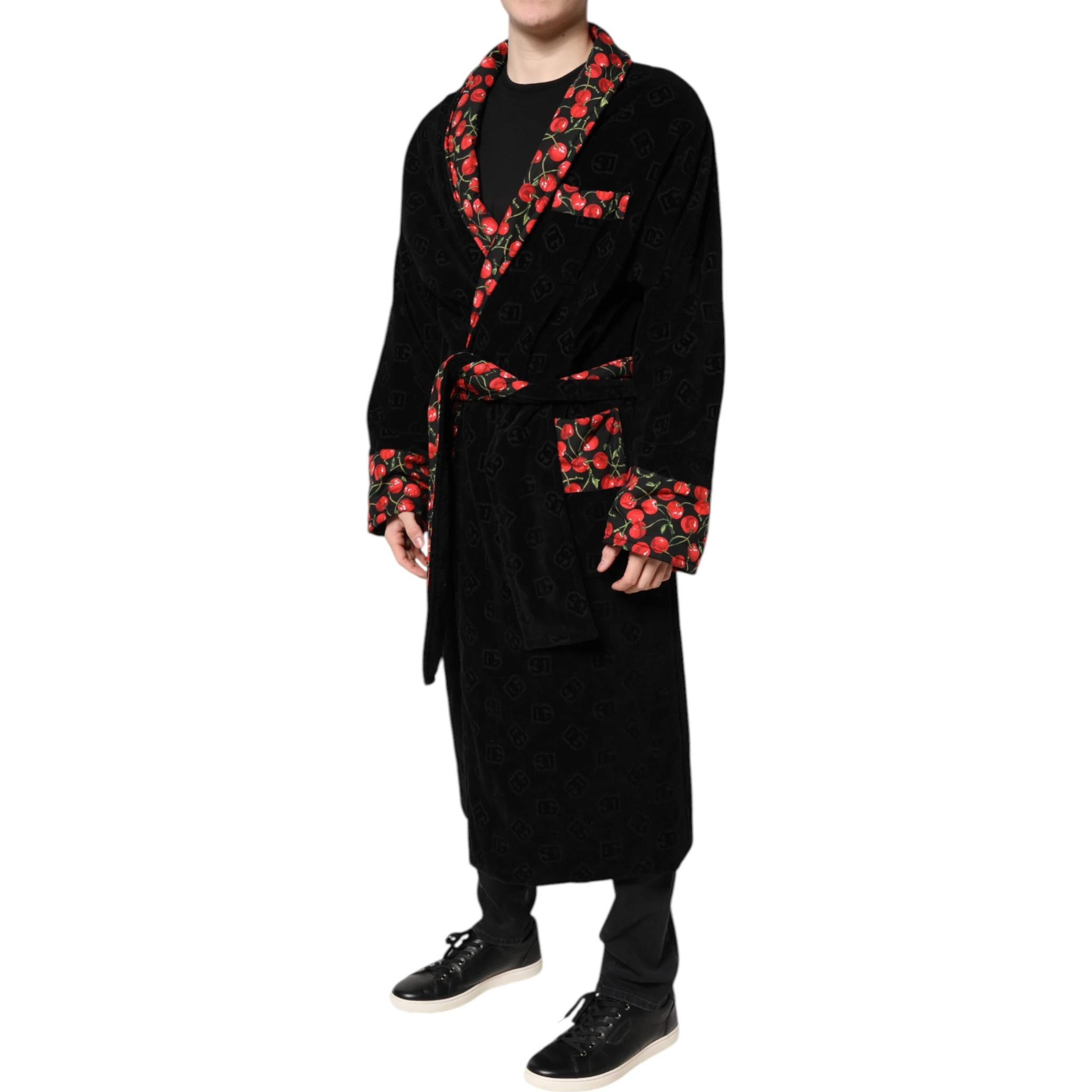 Black Cherry Print Wrap Robe Men Coat Jacket