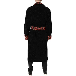 Black Cherry Print Wrap Robe Men Coat Jacket