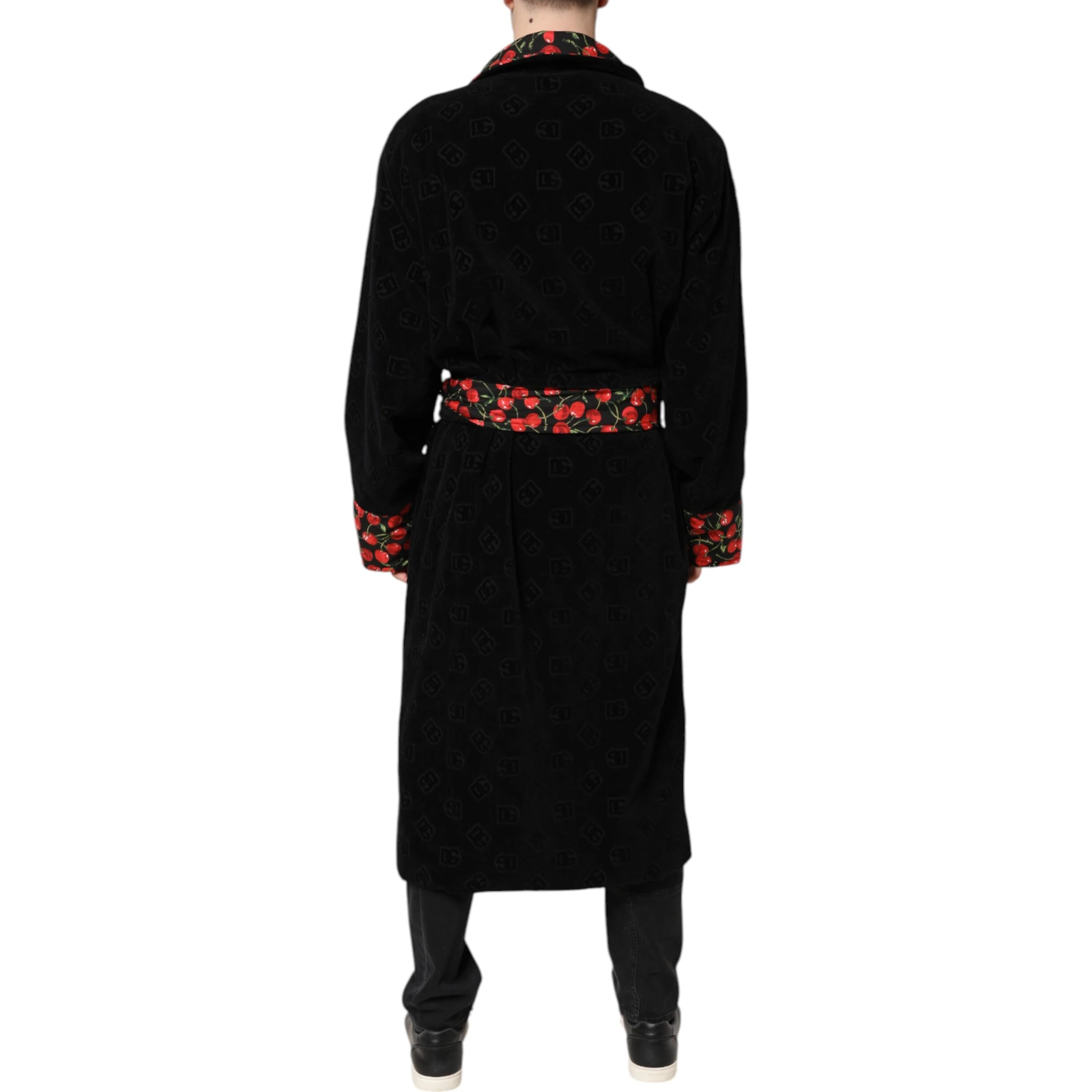 Black Cherry Print Wrap Robe Men Coat Jacket