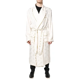 Ivory Silk Logo Men Wrap Robe Coat Jacket