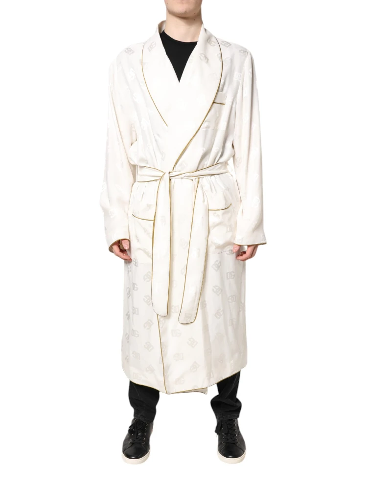 Ivory Silk Logo Men Wrap Robe Coat Jacket alternative