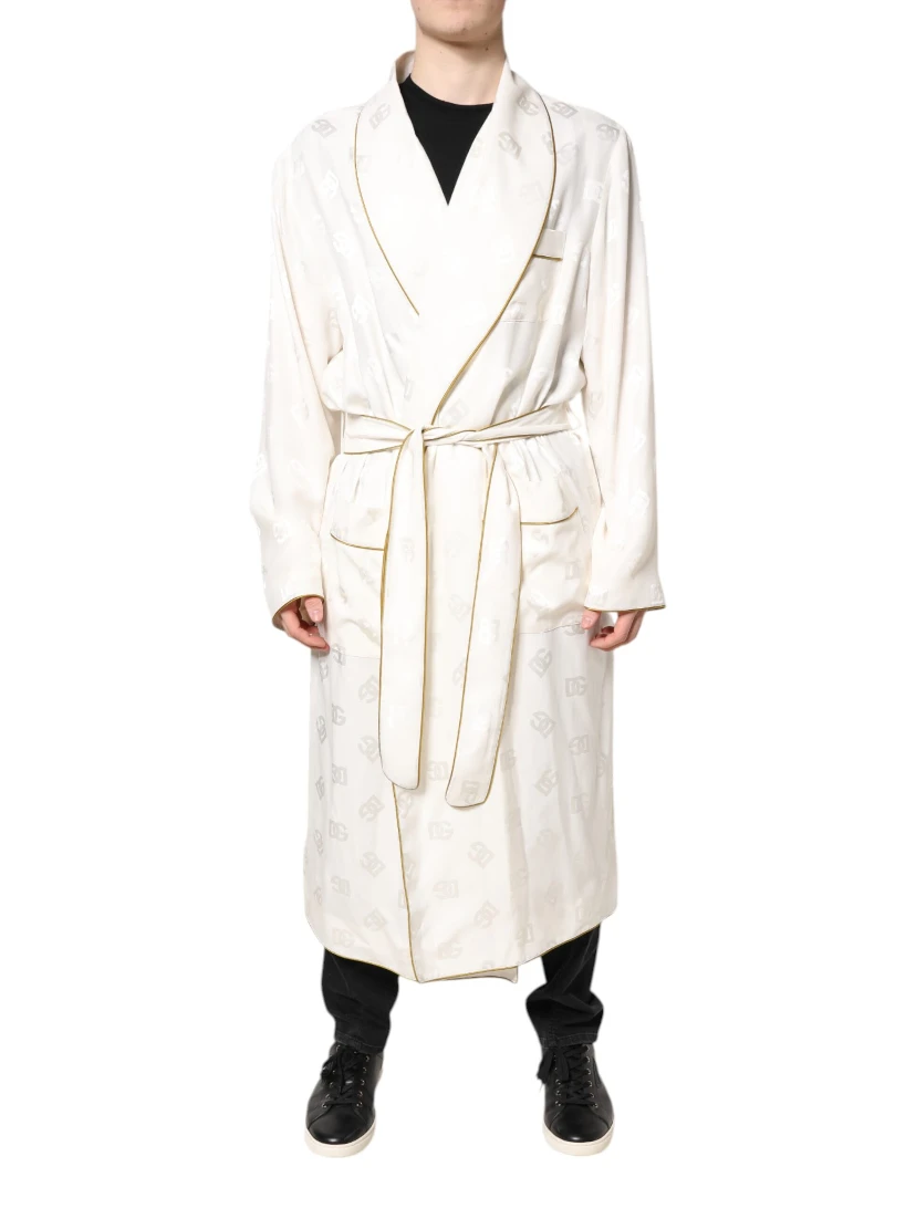 Ivory Silk Logo Men Wrap Robe Coat Jacket