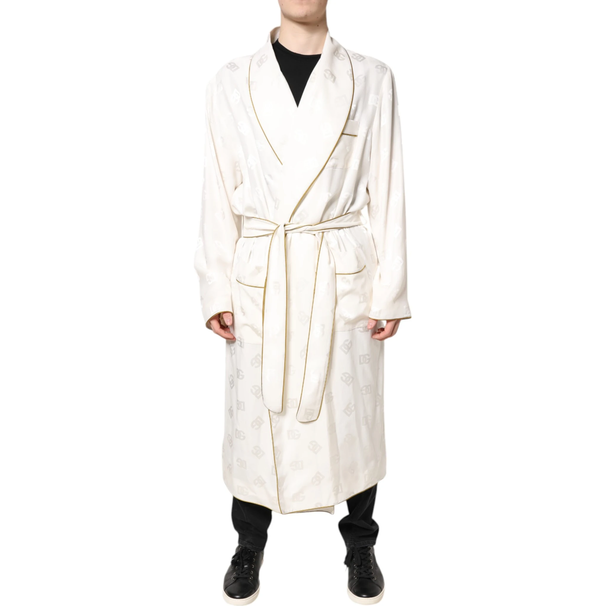 Ivory Silk Logo Men Wrap Robe Coat Jacket