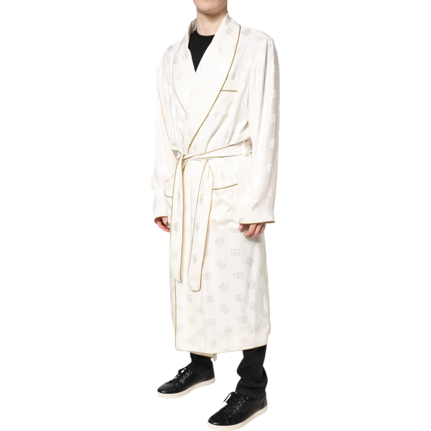 Ivory Silk Logo Men Wrap Robe Coat Jacket