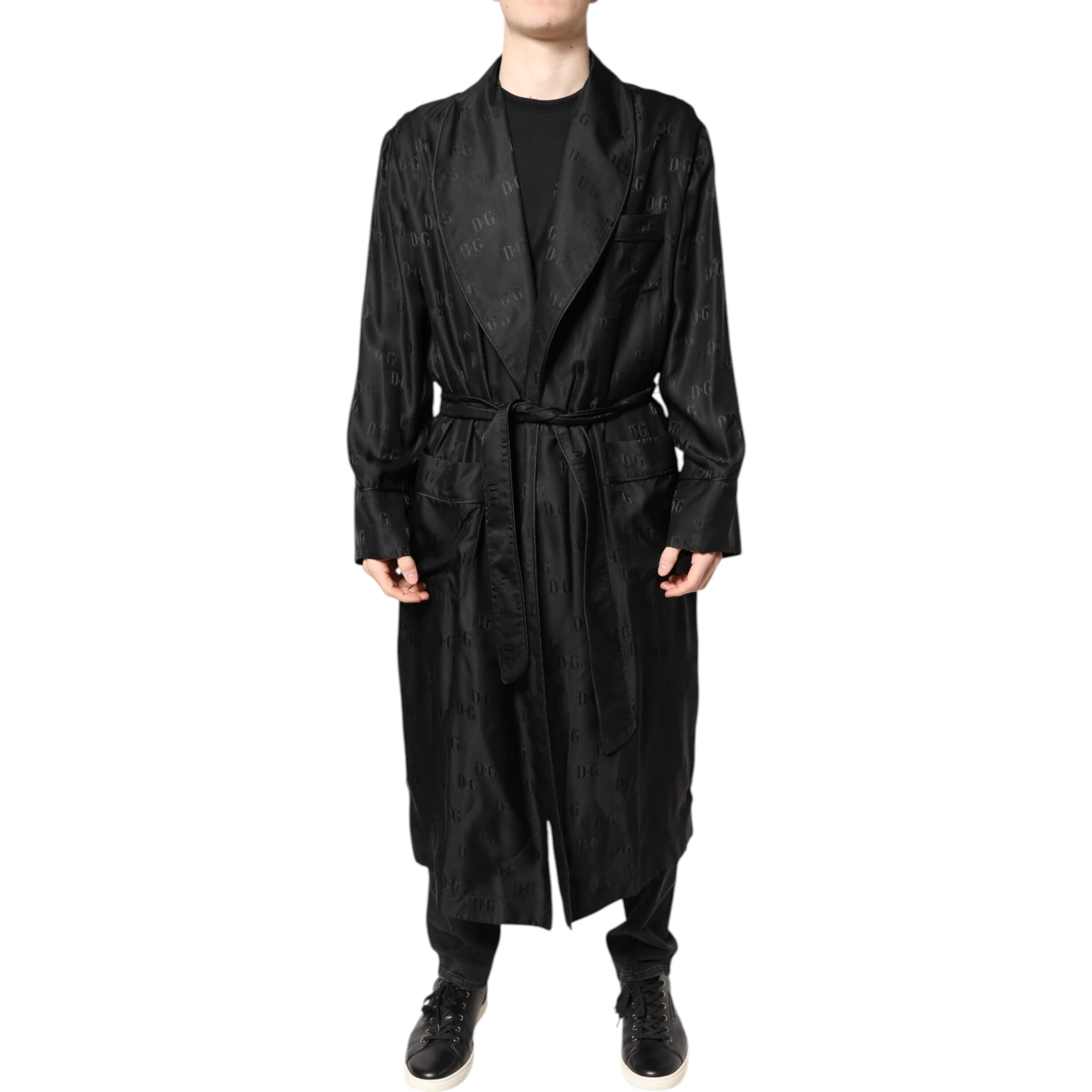 Black Silk DG Logo Men Wrap Robe Coat Jacket