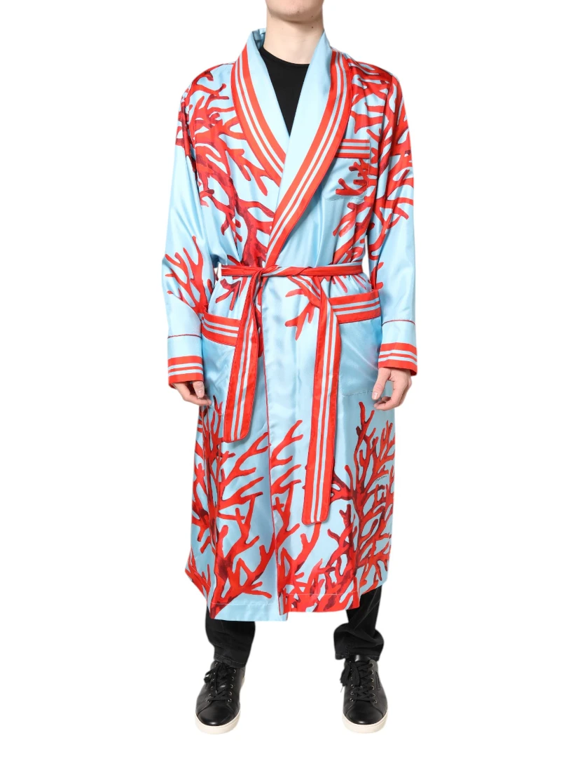 Blue Red Coral Print Wrap Robe Coat Jacket