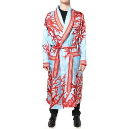 Blue Red Coral Print Wrap Robe Coat Jacket