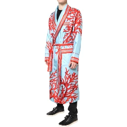 Blue Red Coral Print Wrap Robe Coat Jacket