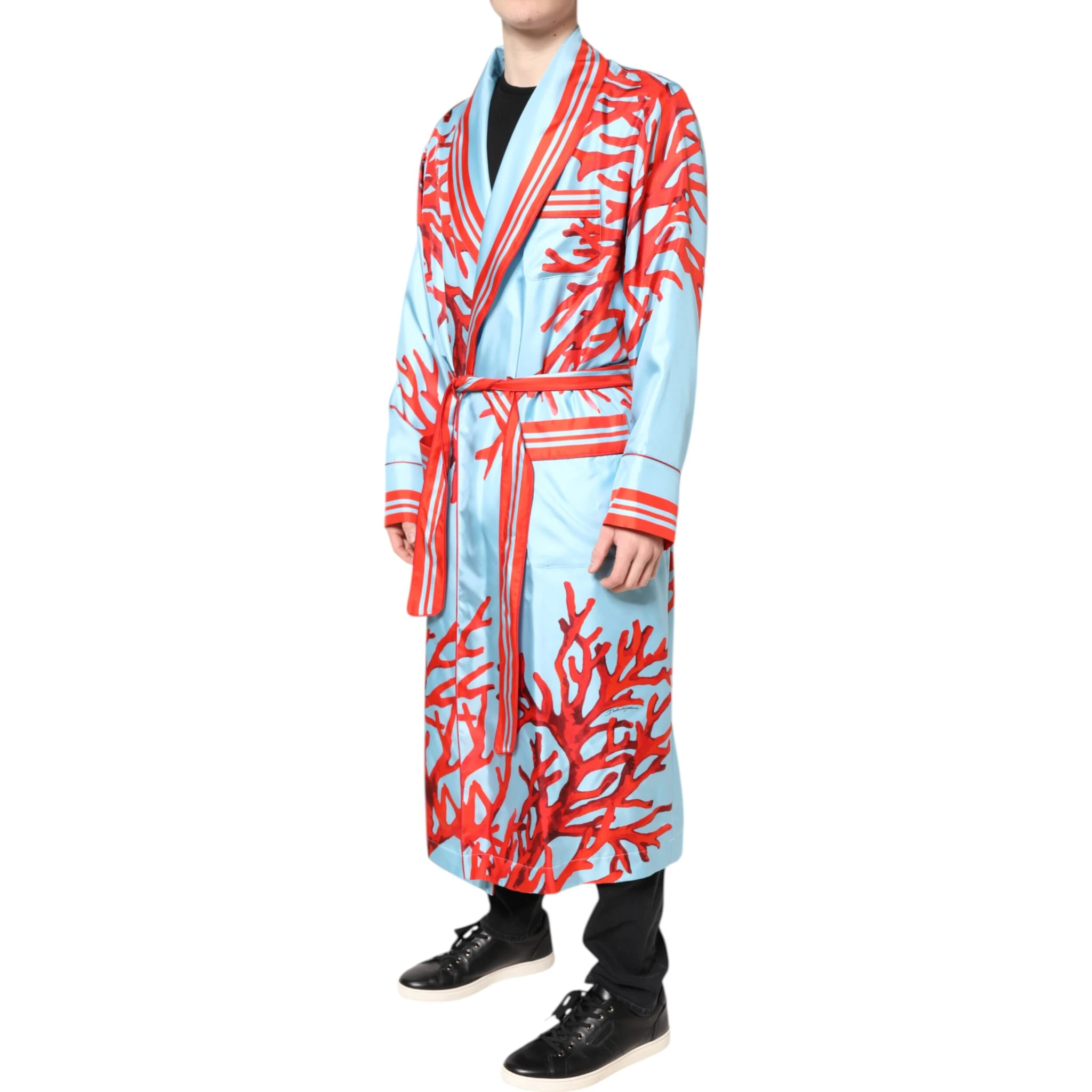 Blue Red Coral Print Wrap Robe Coat Jacket
