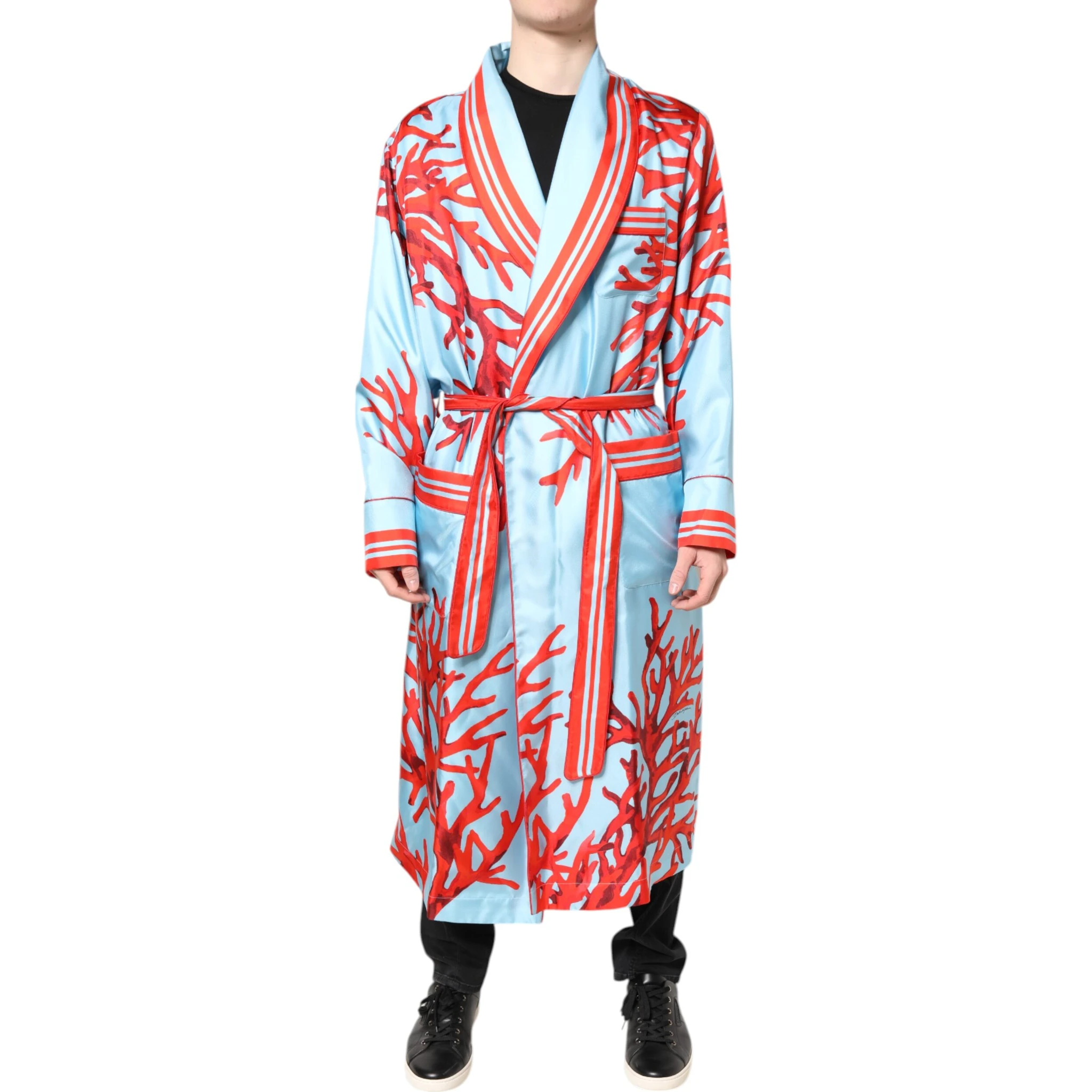 Blue Red Coral Print Wrap Robe Coat Jacket